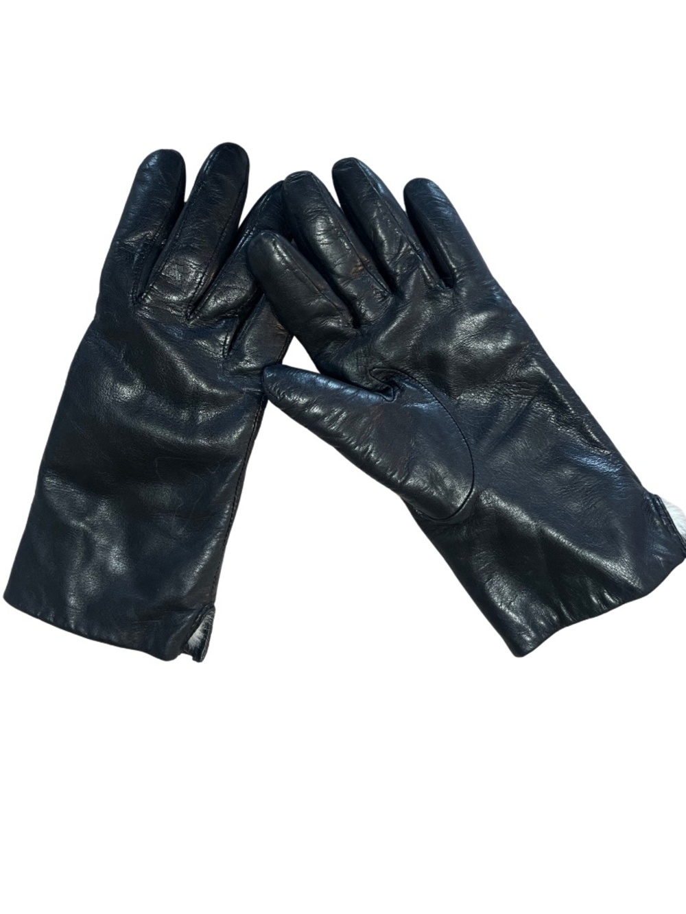 Vintage Women's Black Leather Gloves with white Rabbit Fur Lining Size 6.5